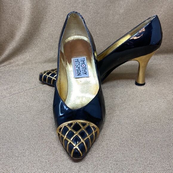 Vintage Timothy Hitsman Patent Leather Gold Heels - Picture 1 of 10
